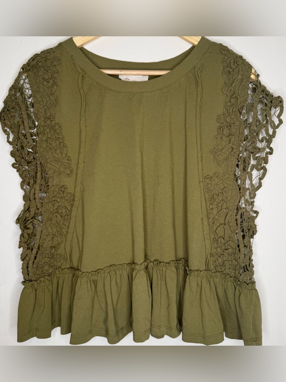 Anthropologie XL Olive Green Lace Peplum Top Boho Romantic Blouse